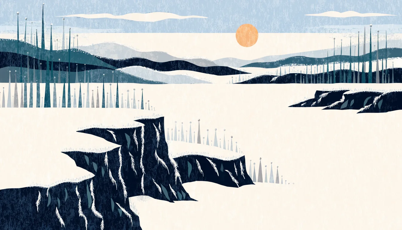 Iskall dalgång i Lappland med rimfrostiga björkar och en blek sol lågt över horisonten
