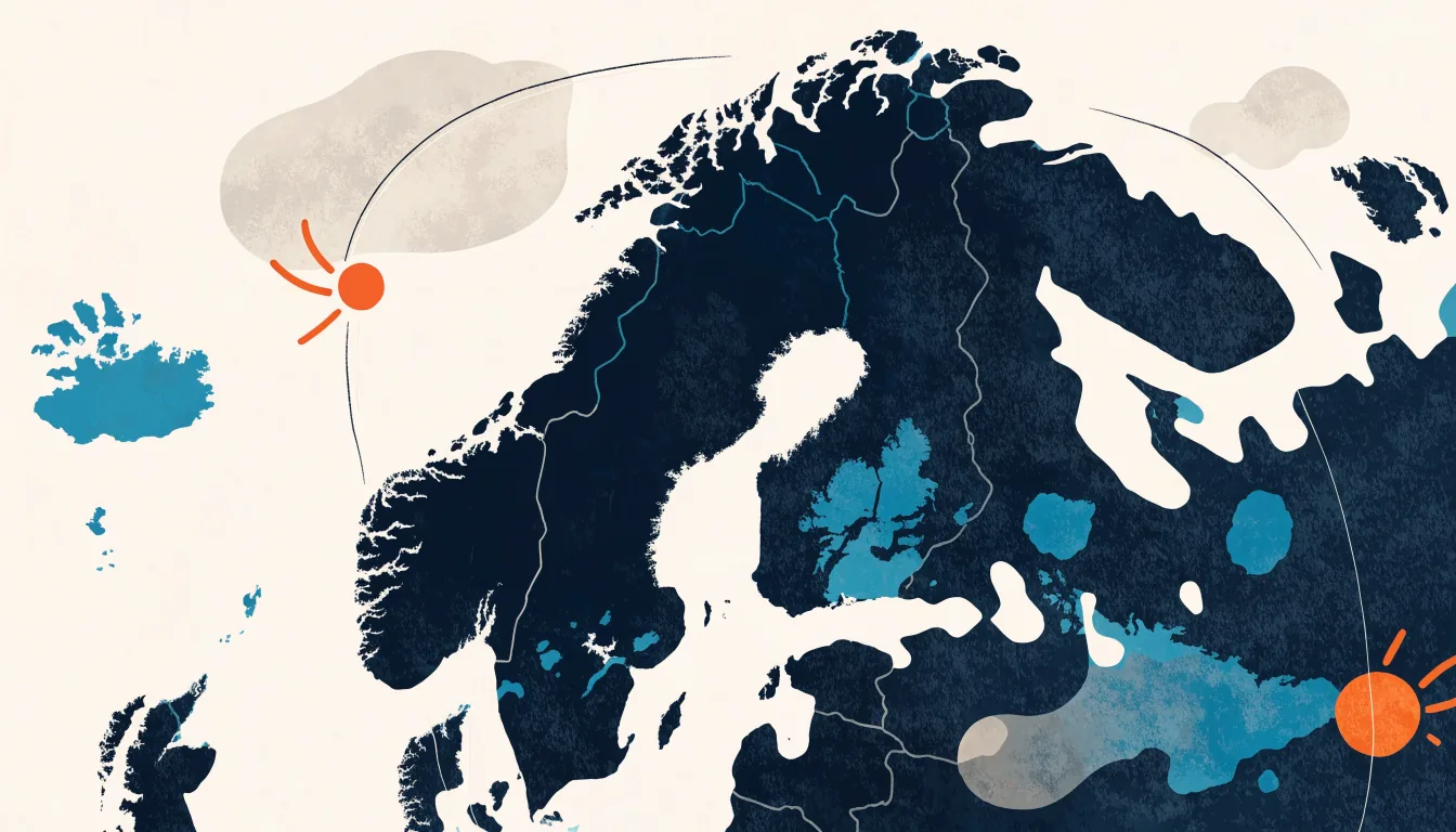 Stiliserad väderkarta över Skandinavien med mjuka isobarlinjer och markerade hög- och lågtryck