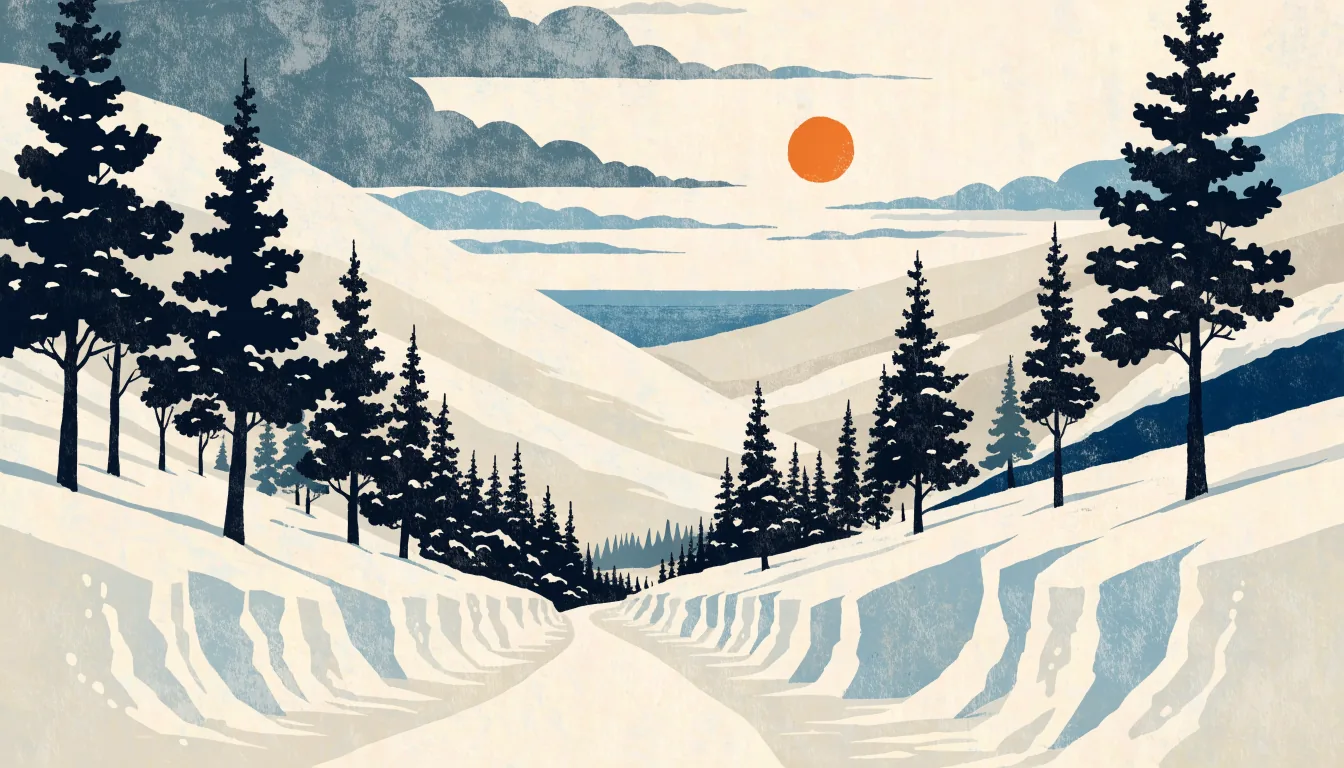 Snöig skogsväg i norrländskt inland med höga snövallar längs vägkanterna