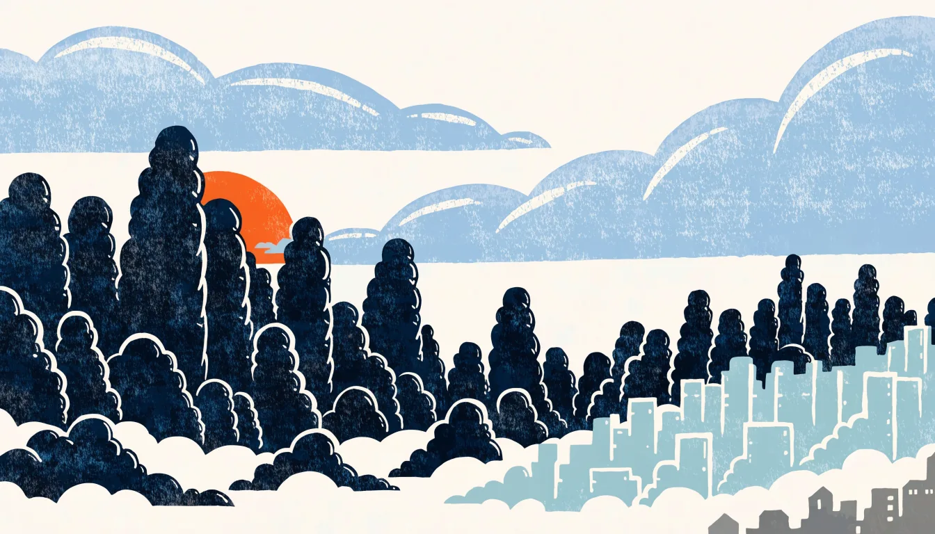 Illustration av molnlager på blå himmel: höga trådiga fjädermoln, vita stackmoln i mellannivå och ett tornande mörkt bymoln i bakgrunden